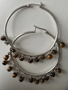 Sterling Silver ~5.4mm Wide Ball Tiger's Eye Dangle Hoop Earrings ~2.25" - Picture 1 of 6