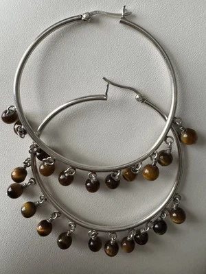 Sterling Silver ~5.4mm Wide Ball Tiger's Eye Dangle Hoop Earrings ~2.25" - Image 1 of 4
