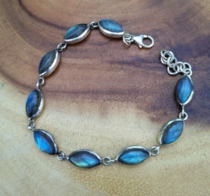 Natürlicher Labradorit Edelstein massiv 925 Sterlingsilber Damen Armband 8" - Bild 1 von 4