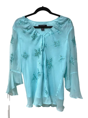 Blusa Top Silkland Turquesa Azul Agua Bordada Seda con Lentejuelas, Talla XL Foto 1 de 4