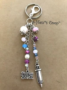 “Nurses Call The Shots” W Syringe Purse Charm Key Chain FOB handmade USA 1582 - Picture 1 of 3