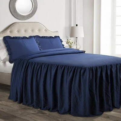 NAVY Blue Twin Full Queen King Size Solid Ruffled Farmhouse Bedspread Set Shams - Image 1 of 4