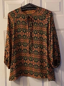 Tucker Silk Womens Sz XS Blouse 3/4 Sleeve Keyhole Tie Neck Multi Ornament - Picture 1 of 13