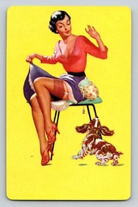 Tarjeta Comercial Pinup Rosa Púrpura Vestido con Perro Intercambio Tarjetas Medias de Juego de Tarjetas - Imagen 1 de 2