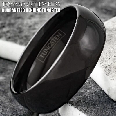 6/8mm Tungsten Carbide Polished Black Plain Domed Comfort Fit Wedding Band Ring - Image 1 of 4
