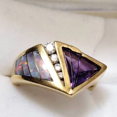 Kabana 18k Yellow Gold Ring with Diamond, Amethyst & Opal #52 US6.5 - Image 1 of 4