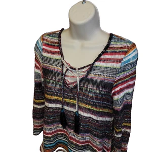 Petite medium Tassel Lace Up Boho Striped Knit Sweater Top Asymetrical T56 - Picture 1 of 6