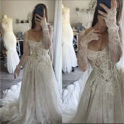 Boho Lace Wedding Dresses Long Sleeves Beach Sweetheart Elegant Bridal Gowns - Image 1 of 4