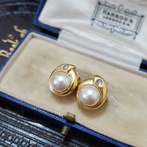 Majorica Vintage 925 Sterling Silver Stud Earrings, Faux Pearls Gold Studs - Picture 1 of 7