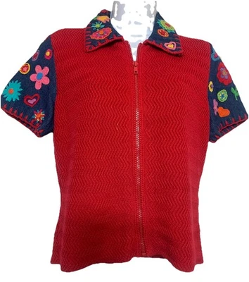 Michael Simon Top S Full Zip Red Sweater Denim Short Sleeves w/Multi Embroidery - Image 1 of 4
