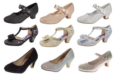 Niñas Diamante Tacones Altos Zapatos Lentejuelas Mary Janes Brillo Fiesta Boda Sandalias Foto 1 de 4