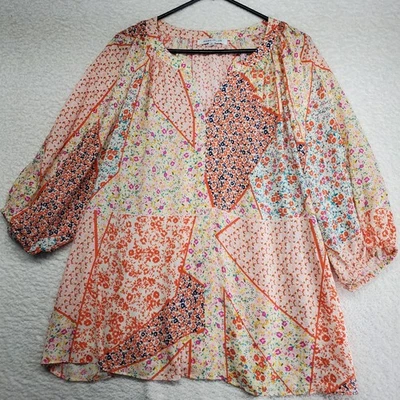Rose Olive Womens Boho Top XL Peach Patchwork Floral Flowing Peasant Cottagecore - Image 1 of 4