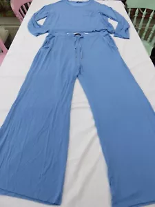 PRETTY YOU LONDON NEU OHNE ETIKETT BLAU BAMBUS LOUNGEWEAR PYJAMA OBERTEIL & UNTERTEIL UK 16 -18 L - Bild 1 von 21