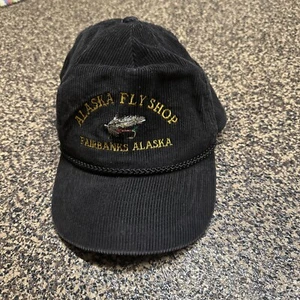 VTG Alaska Fly Shop Fairbanks Corduroy Black Baseball Cap Hat Lid Strap Fit - Picture 1 of 9