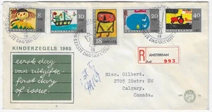 1965 REGISTERED Kinderzegels (childrens stamps) FDC Amsterdam to Calgary - Picture 1 of 2
