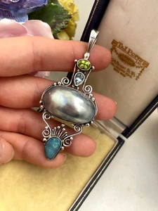 GORGEOUS 925 SOLID STERLING SILVER HUGE MODERNIST BLACK OPAL PENDANT NO CHAIN - Picture 1 of 15