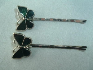 VINTAGE GREEN ENAMELED BUTTERFLY METAL BOBBY PINS BOBBIE PINS HAIR ACCESSORY - Picture 1 of 2