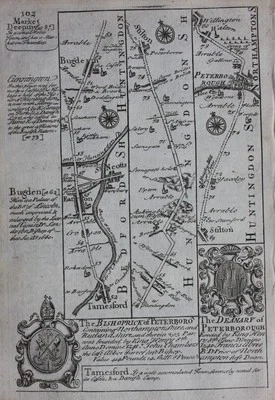 Mapa de ruta antiguo original BEDFORDSHIRE, HUNTINGDONSHIRE, Owen & Bowen, 1724 Foto 1 de 4