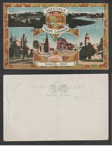 Postal patriótica de París Ontario saludos desde Canadá vista múltiple sin usar - Imagen 1 de 3