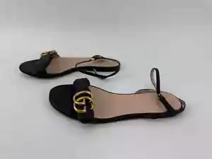 Gucci Double G Sandals Flat Black Leather Interlocking GG Size 34.5 - Picture 1 of 10
