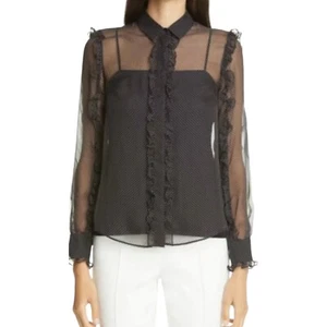 Akris Punto Black Ruffle Sheer Blouse Mulberry Silk Size 6 Polka Dot Button Up - Picture 1 of 11
