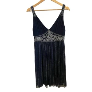 Stenay Vintage Beaded Sequin Silk Cocktail Dress Size 8 Navy Blue Deep V Neck - Picture 1 of 8