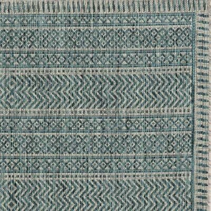 8' Round Teal Geometric Pattern Indoor Outdoor Area Rug - Picture 1 of 1