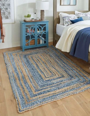 Runner Rectangle Rug Denim & Jute Mix  Area Handmade Carpet Braided Modern Rug - Image 1 of 4
