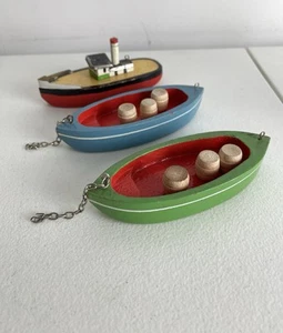 3 Vintage Germany Wooden Toy Boat Boats With Chains - Picture 1 of 15
