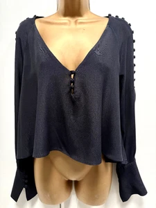 Zara navy blue v-neck button shoulder relaxed floaty top l/sleeve M-12/14 BNWT - Picture 1 of 6