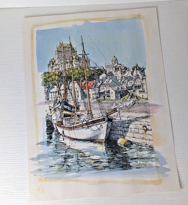 handcolor etching sail boat harbor town signed by Alain Couture - Image 1 of 4