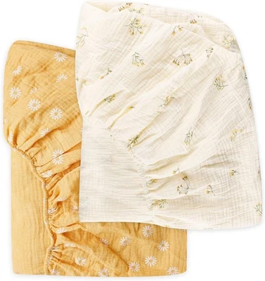 Muslin Crib Sheets 2 Pack for Girl & Boy, HNHUAMING Soft and Yellow  - Image 1 of 4