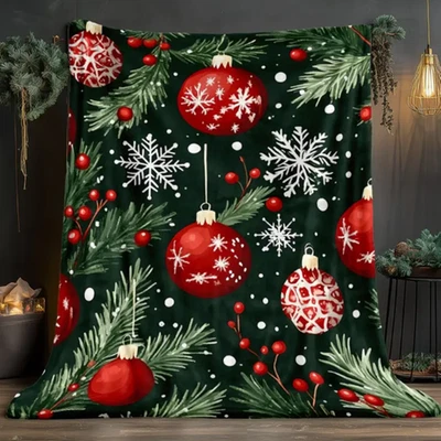 Green & Red Christmas Snowflakes & Poinsettias Throw Blanket - Fleece Blanket
