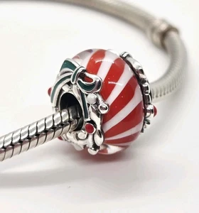 🩷 Candy Cane Stripe Glass Murano Bead Charm Genuine S925 Silver 🩷  - Picture 1 of 16