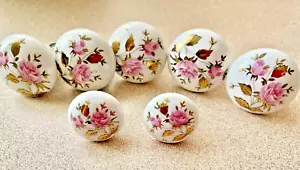 7 Vtg. BELWITH ROSES w/ GOLD Porcelain/Ceramic Drawer Pull Knobs 1.5" ~Japan - Picture 1 of 6