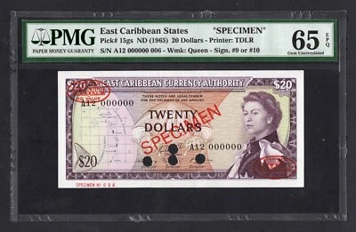 Estados del Caribe Oriental 20 Dólares ND (1965) P15gs "Especimen N006" UNC Grado 65 Foto 1 de 2