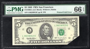 FR. 1985-L 1995 $5 FRN “PRINTED FOLD ERROR” PMG GEM UNCIRCULATED-66EPQ - Picture 1 of 2