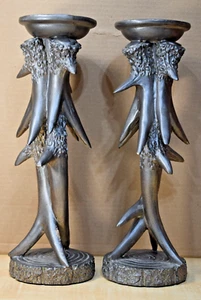 Resin Rustic Antler Candle Holder w Log Base - Set of 2 - Picture 1 of 1
