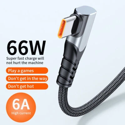 90 Degree 6A 66W Type C Cable Fast Charging Data Sync For Huawei Samsung Xiaomi - Image 1 of 4