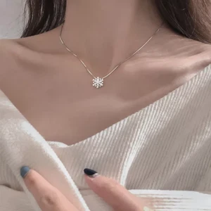 Flower Snowflake Silver/Rose Gold Pave Cubic Zirconia Pendant Chain Necklace - Picture 1 of 4