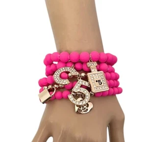1.75" Wide 5 Rolls Hot Pink Beads Golden Charm Statement Stretchable Bracelet - Picture 1 of 3