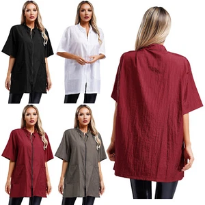 Women's Waterproof Barber Jacket Turn-Down Short Sleeve Salon Client Smock Tops - Picture 1 of 14