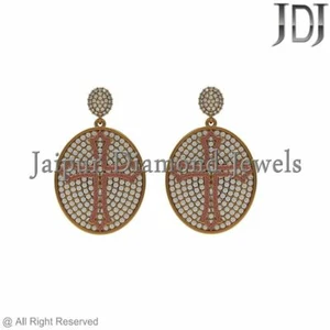 14k Yellow Gold Natural Pave Diamond Pink Ruby Cross Dangle Earrings Jewelry NEW - Picture 1 of 3