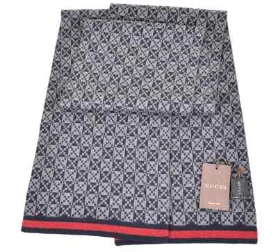 BUFANDA GUCCI 347979 100% LANA DIAMANTE GRIS Y AZUL ROJO RAYAS BUFANDA SILENCIADOR Foto 1 de 4