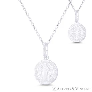 Colgante medalla reversible de 12 mm de plata esterlina 925 San Benito de Nursia y Cruz - Imagen 1 de 3