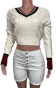 Venus Sporty Preppy Cable Knit Semi Crop L/S Sweater Top Fall Striped S New - Picture 1 of 3