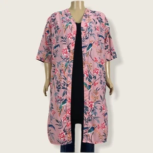 New Look Curves Pink Floral Bird Print Long Kimono Jacket 16W PLUS Boho Festival - Picture 1 of 10