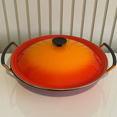 LE CREUSET Vintage Volcanic Orange Cast Iron Wok With Lid 14 Inch Diameter - Image 1 of 4