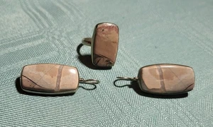 Pendientes y anillo colgantes de ágata marrón claro corte cabujón vintage de plata de ley - Imagen 1 de 3