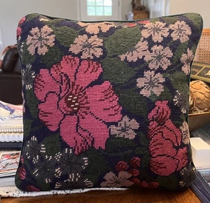 Vintage NEEDLEPOINT PILLOW Floral Azalea? Victorian Clean Condition 12” Wool - Picture 1 of 2